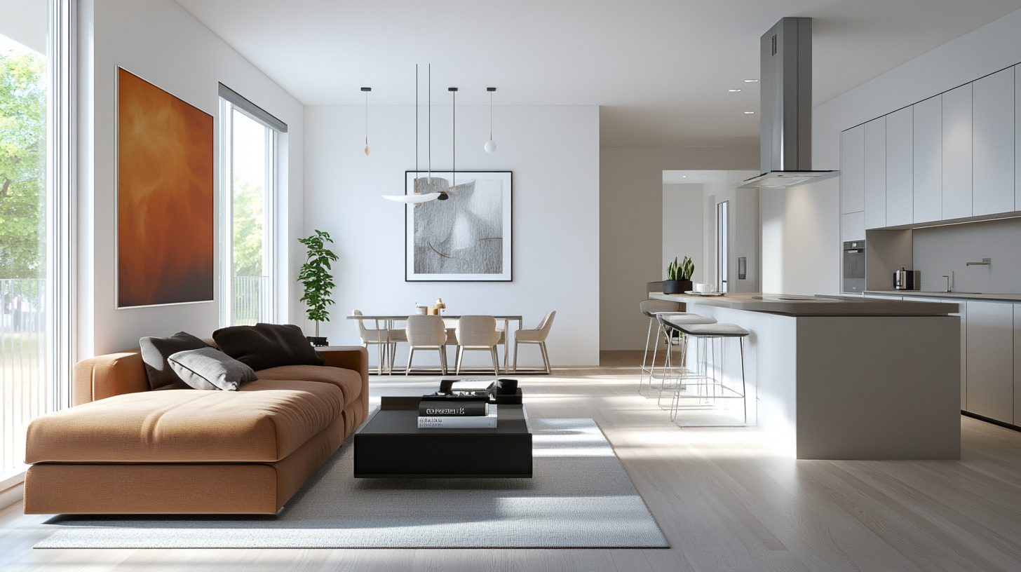 Wohnzimmer mit offener Küche und Kochinsel: Modern und kommunikativ