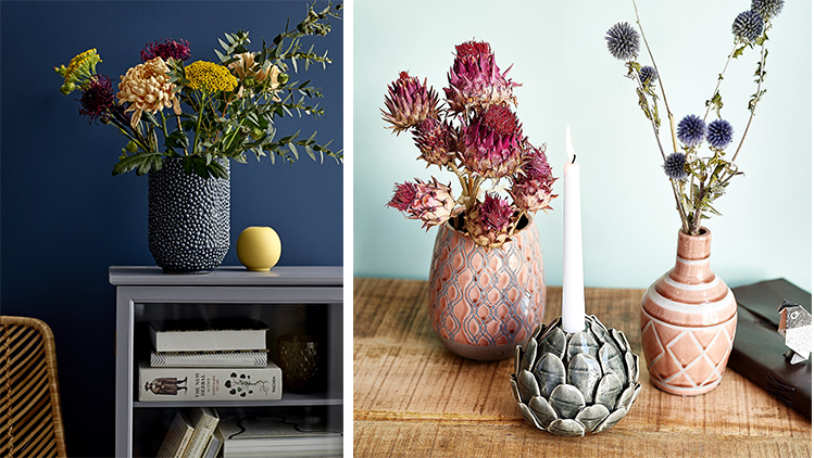 Zwei Bilder von einer dunklen Vase und rosanen Vasen