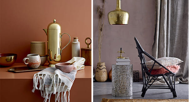 Zwei Bilder mit einer goldenen Karaffe und einer goldenen Lampe